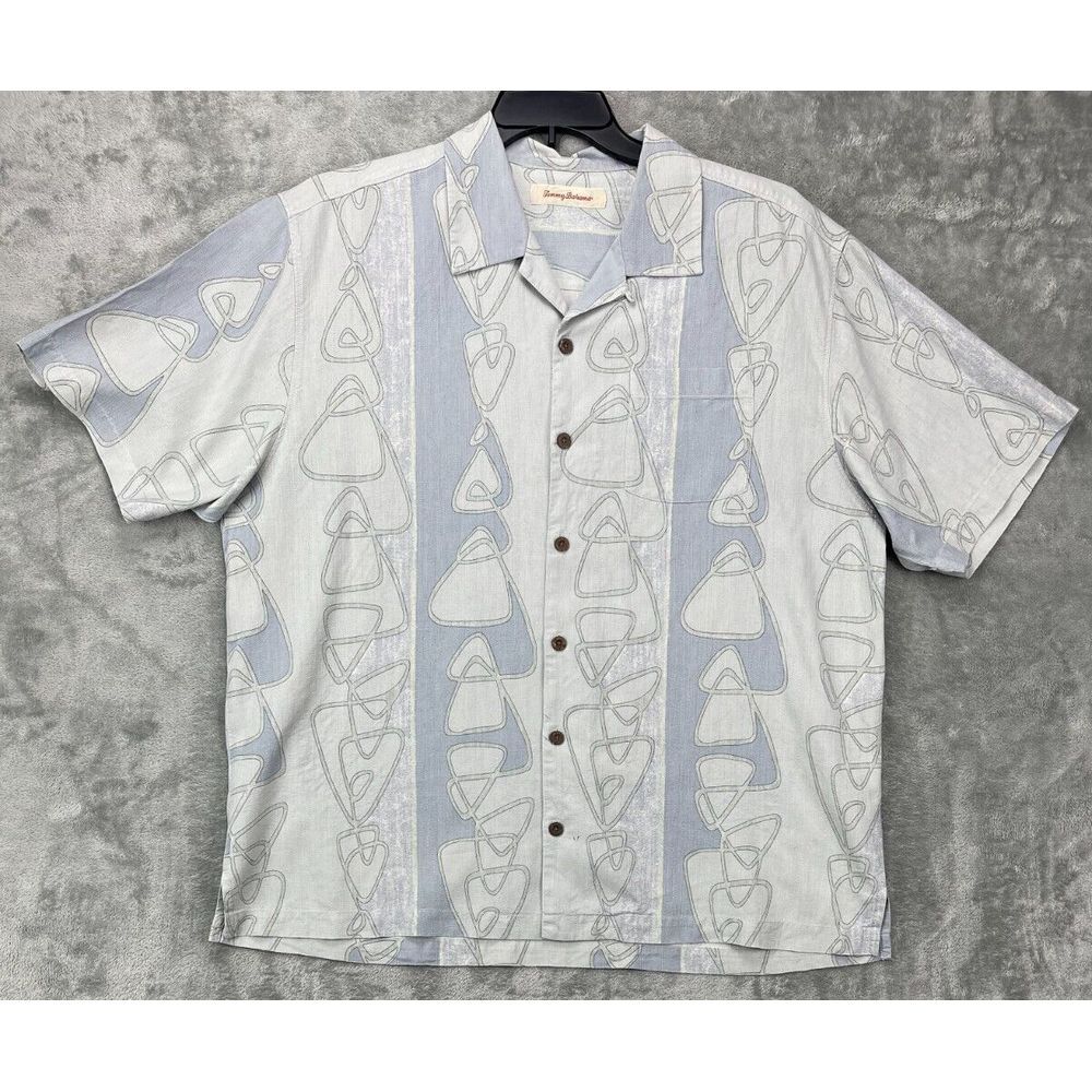Tommy Bahama Hawaiian Camp Shirt XL Gray Geometric Design‎